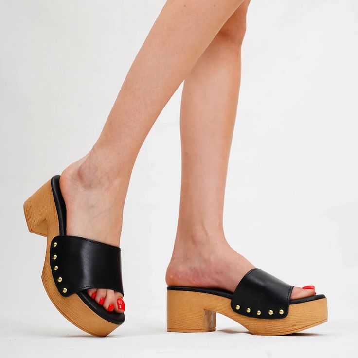 Heeled Slip-on Clog Block Slipper Black Clogs Platform, High Heel Clogs, Vacation Shoes, Ankle Wrap Sandals, Clog Heels, Wrap Sandals, Leather Sandals Women, Leather Slippers, Effortless Elegance