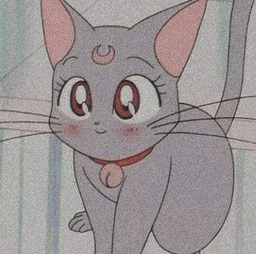 a cartoon cat with red eyes and pink ears is standing in front of a curtain