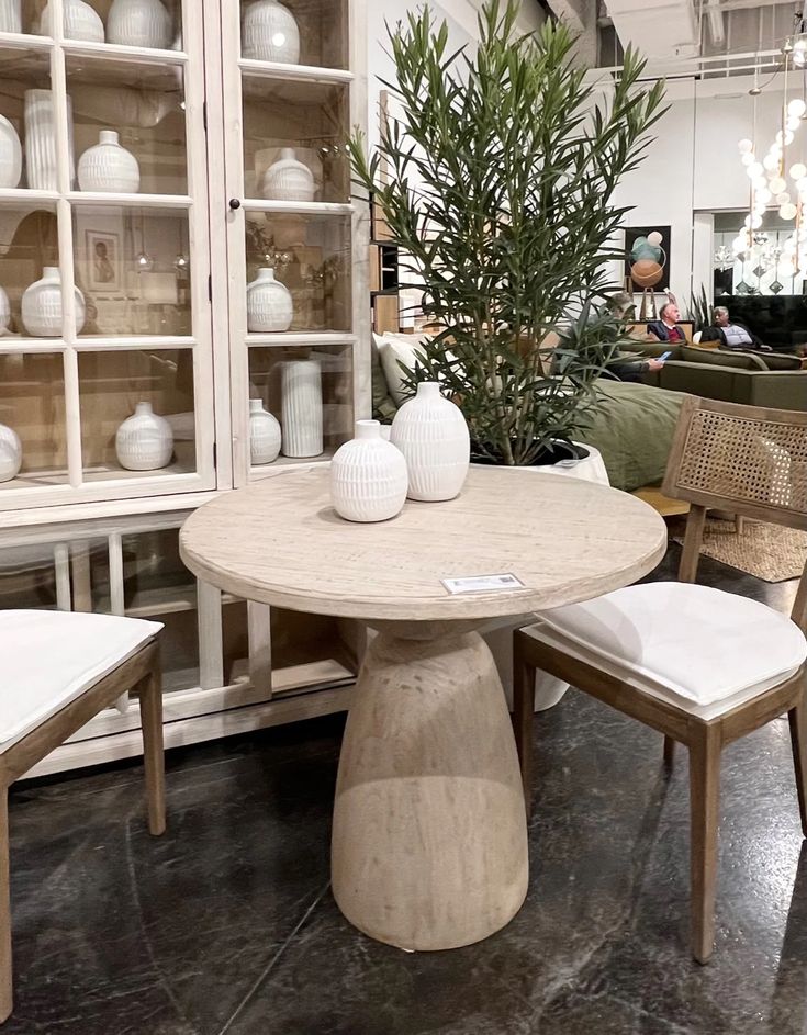 a table with two chairs and a potted plant on it in a room filled with furniture