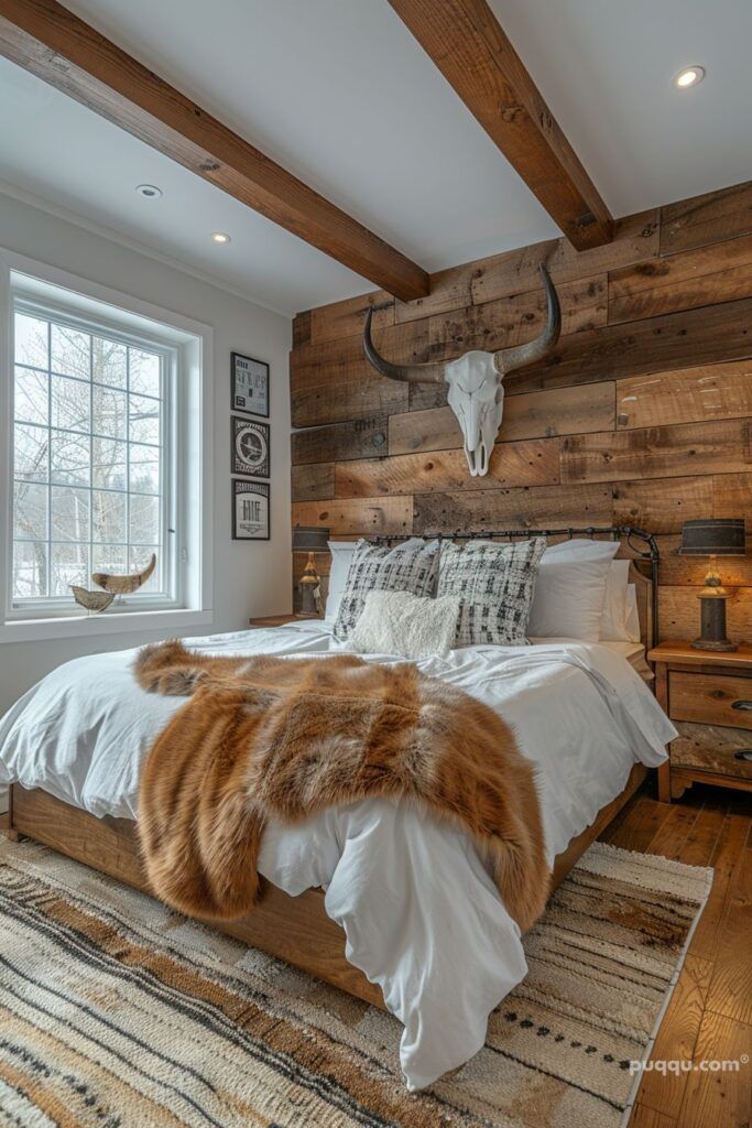 a bedroom with wood paneling and white bedding has an animal head mounted on the wall