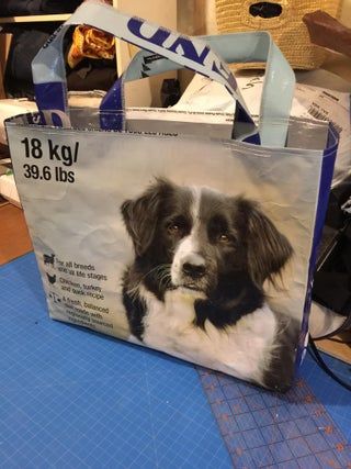 a black and white dog is in a shopping bag on a blue table with other items