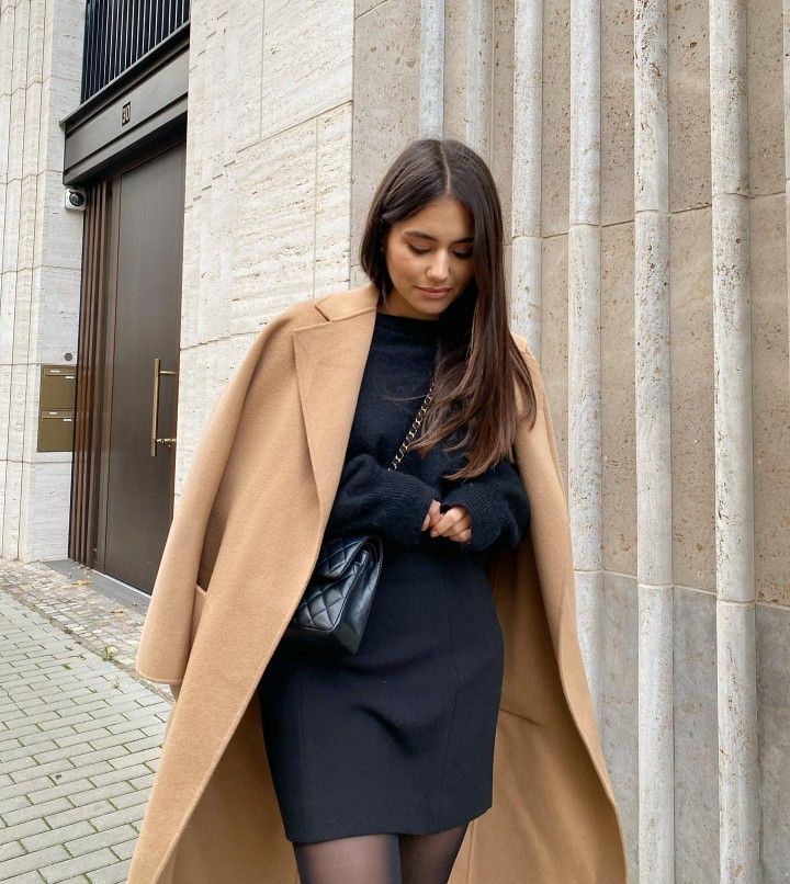 Black Dress And Coat, Black Dress Black Tights, Black Dress And Boots, Long Camel Coat, Knitted Dress Outfit, Camel Coat Outfit, Little Black Dress Outfit, Dark Academia Outfits, Church Fits