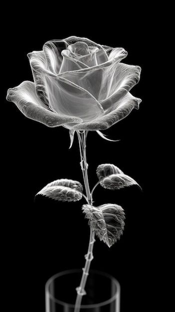 a black and white photo of a single rose in a glass with water on the bottom