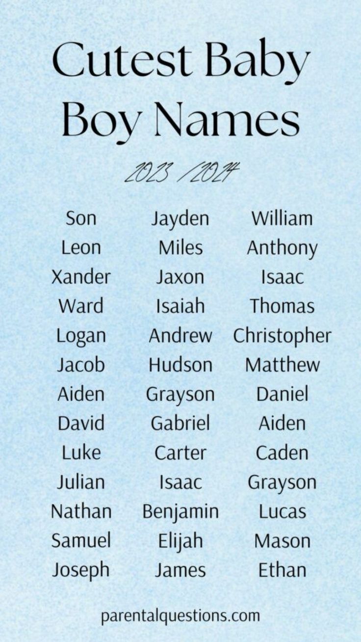 the cutest baby boy names are in this blue sheet with white writing on it