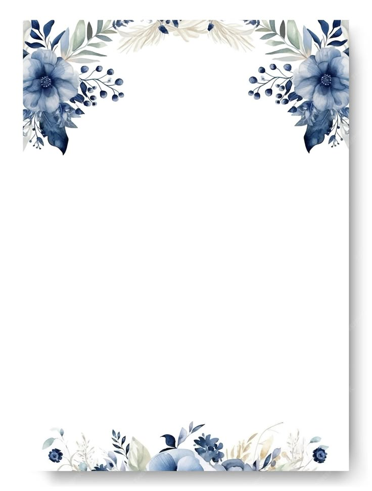 a blue and white floral frame with watercolor flowers on the bottom, along with an empty space in the middle