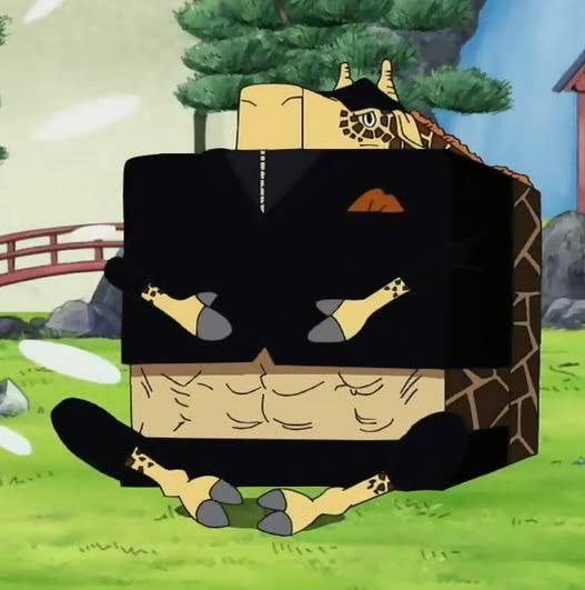 a cartoon character is sitting in the grass with his head on top of a box