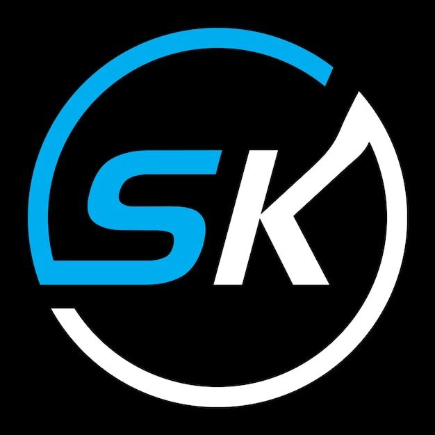 the sk logo on a black background with blue and white letters in a circular shape