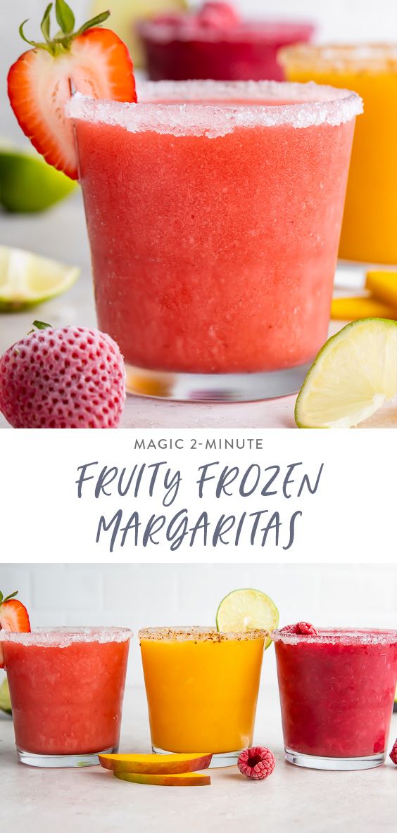 fruity frozen margaritas in glasses with strawberries and lime