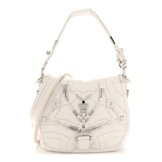 This is an authentic GUCCI Calfskin Techno Horsebit Large Flap in White.  This roomy shoulder bag is an example of Gucci craftsmanship and design. Crafted of pebbled leather, the flap features an intricate patchwork of leather and silver nickel ornamental hardware including a horsebit detail. The shoulder strap has an intricate woven design, complimented by two longer optional leather straps.  The flap opens to a natural linen interior with organizational pockets.  This is an excellent everyday Gucci Crossbody Shoulder Bag With Removable Pouch, Gucci Shoulder Satchel, Gucci Satchel With Branded Hardware, Gucci Crossbody Satchel With Detachable Strap, Gucci Tote Shoulder Bag With Removable Pouch, Gucci Shoulder Bag For Shopping, Gucci Shoulder Tote Bag, Gucci Shoulder Bag With Double Handle And Removable Pouch, Gucci Shoulder Bag With Detachable Strap And Double Handle