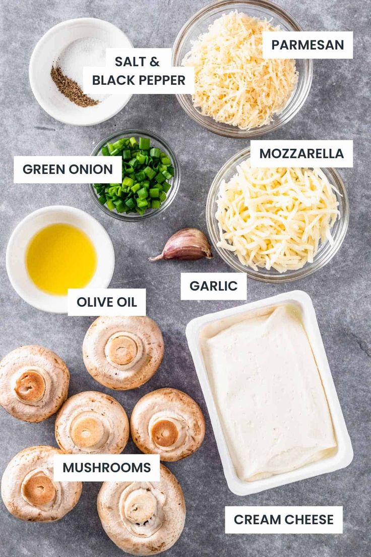 the ingredients to make an appetizer include mushrooms, parmesan cheese, green onion, and garlic