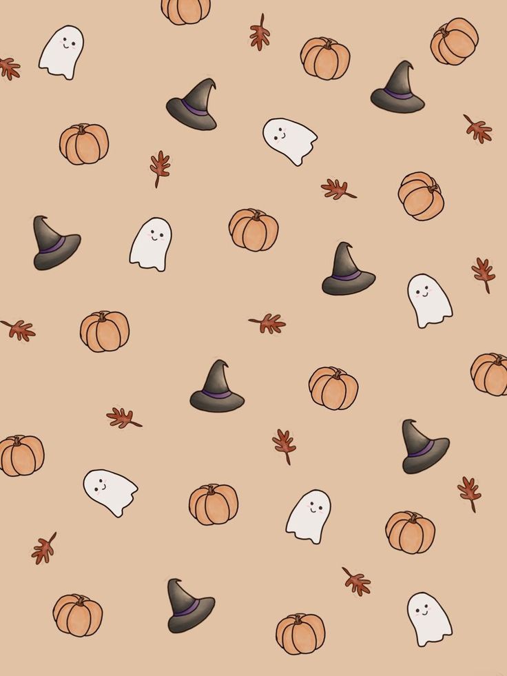 halloween seamless wallpaper with pumpkins and ghost heads on a tan background,