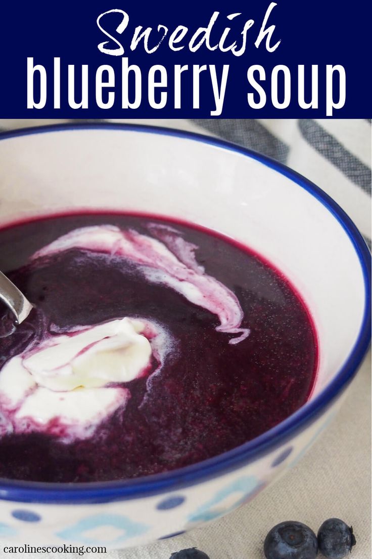 blueberry soup in a white and blue bowl