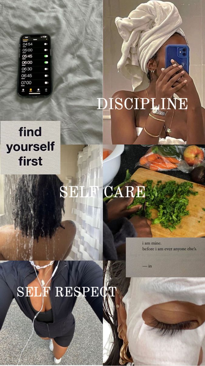 Self care moodboard, self respect, discipline, black woman, black girl, focus Self Care Stretches, Reinventing Yourself Black Women, Respect Black Women, Self Improvement Mood Board, Black Clean Girl Aesthetic Lifestyle, Self Care And Hygiene, Morning Routine Aesthetic Black Woman, Tips To Be More Confident, Daily Inspo Aesthetic