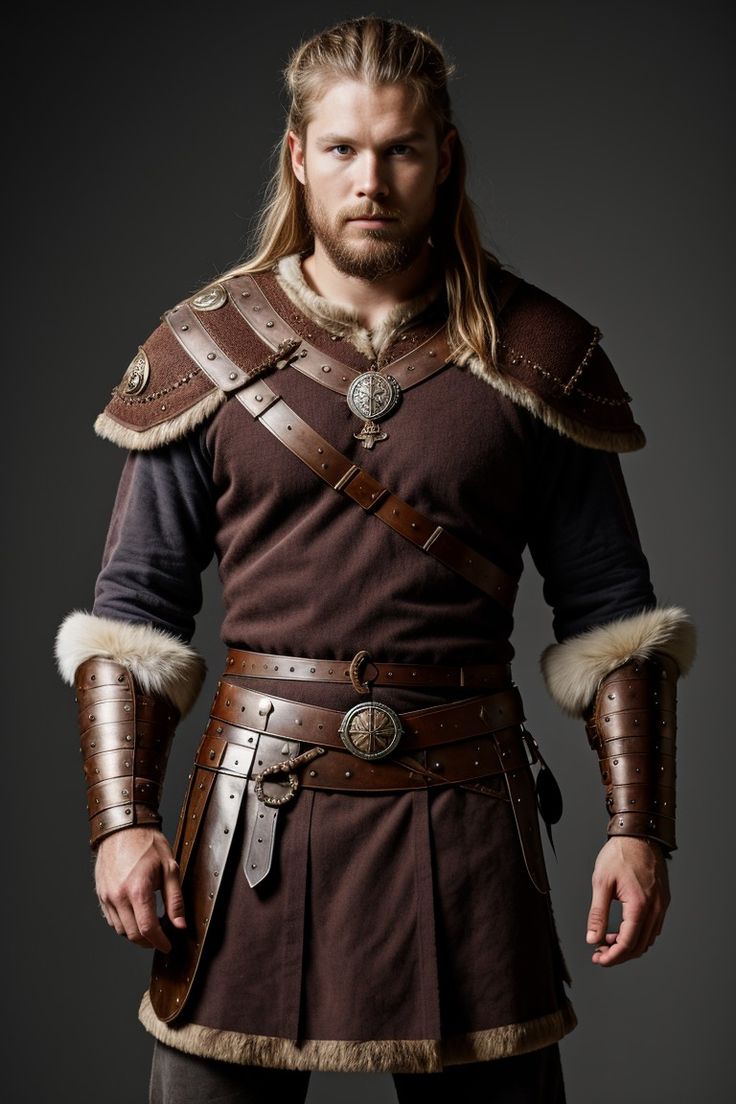 a man dressed as a roman soldier with long hair and leather armor, standing in front of a dark background