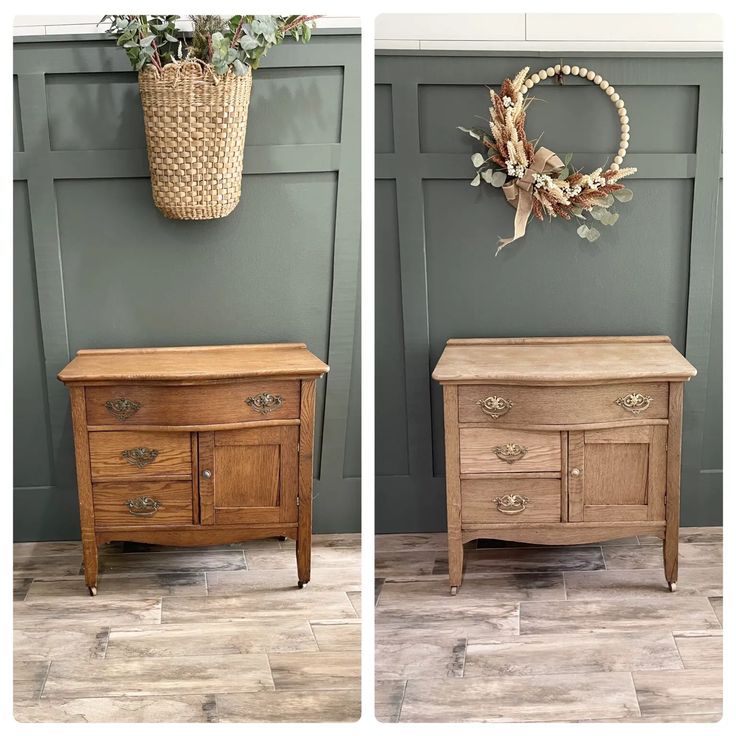 two pictures of an old dresser and a basket hanging on the wall