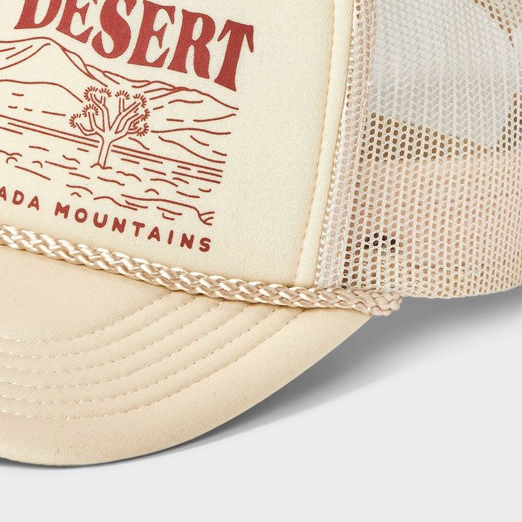 This Mojave Desert Trucker Hat - Mighty Fine is a perfect blend of style and comfort. It features a dessert design and a beige color that goes well with most outfits. With a back snap closure, it is more than just a hat, it's your go to accessory. Whether it’s an outing with friends or a weekend trip, rock this hat the way you like. Casual Beige Baseball Cap For Vacation, Retro Beige Hats For Outdoor, Casual Cream Trucker Hat With Short Brim, Retro Beige Hat For Outdoor, Summer Beige Trucker Hat With Curved Brim, Summer Beige Baseball Cap With Flat Brim, Cream Trucker Cap For Summer, Beige Trucker Hat With Curved Brim For Summer, Cream Trucker Hat With Curved Brim For Summer