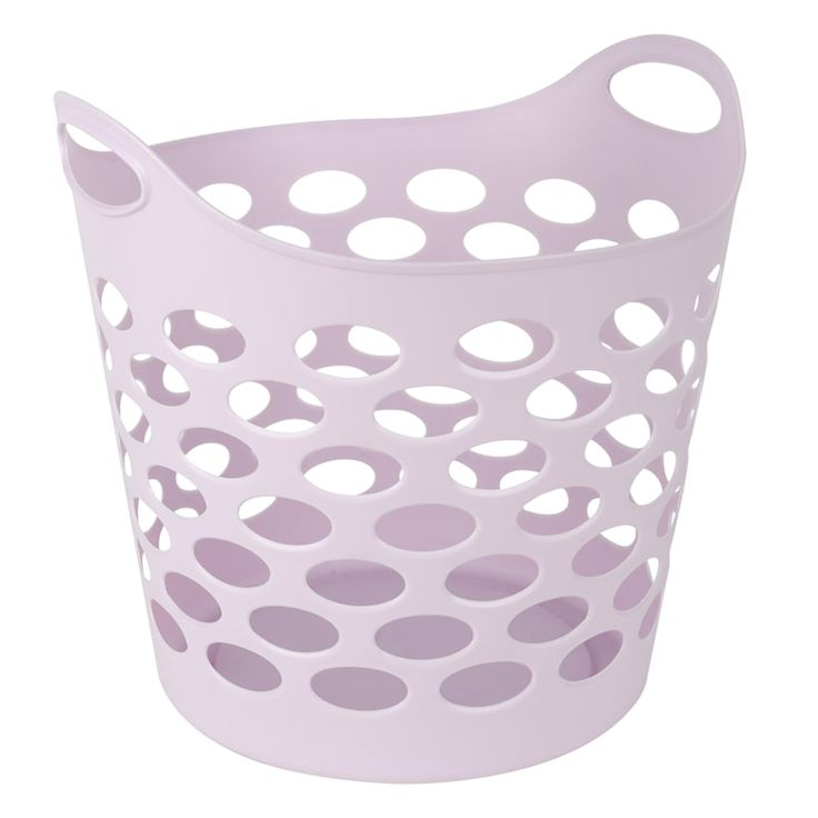 a white plastic basket with holes on the side and handles in front of a white background