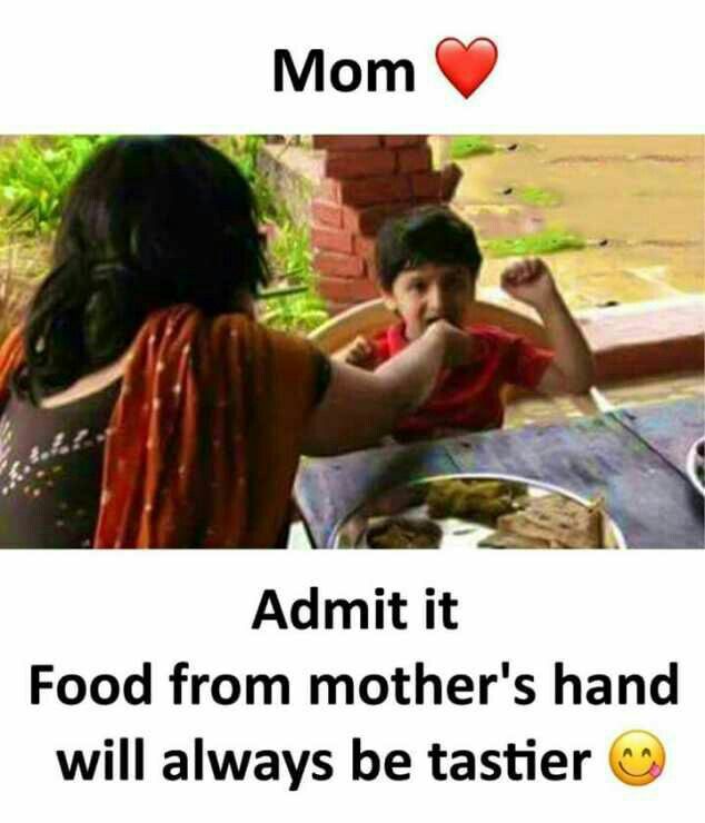 a woman sitting at a table with a child in front of her and the caption reads mom admit it food from mother's hand will always be taster