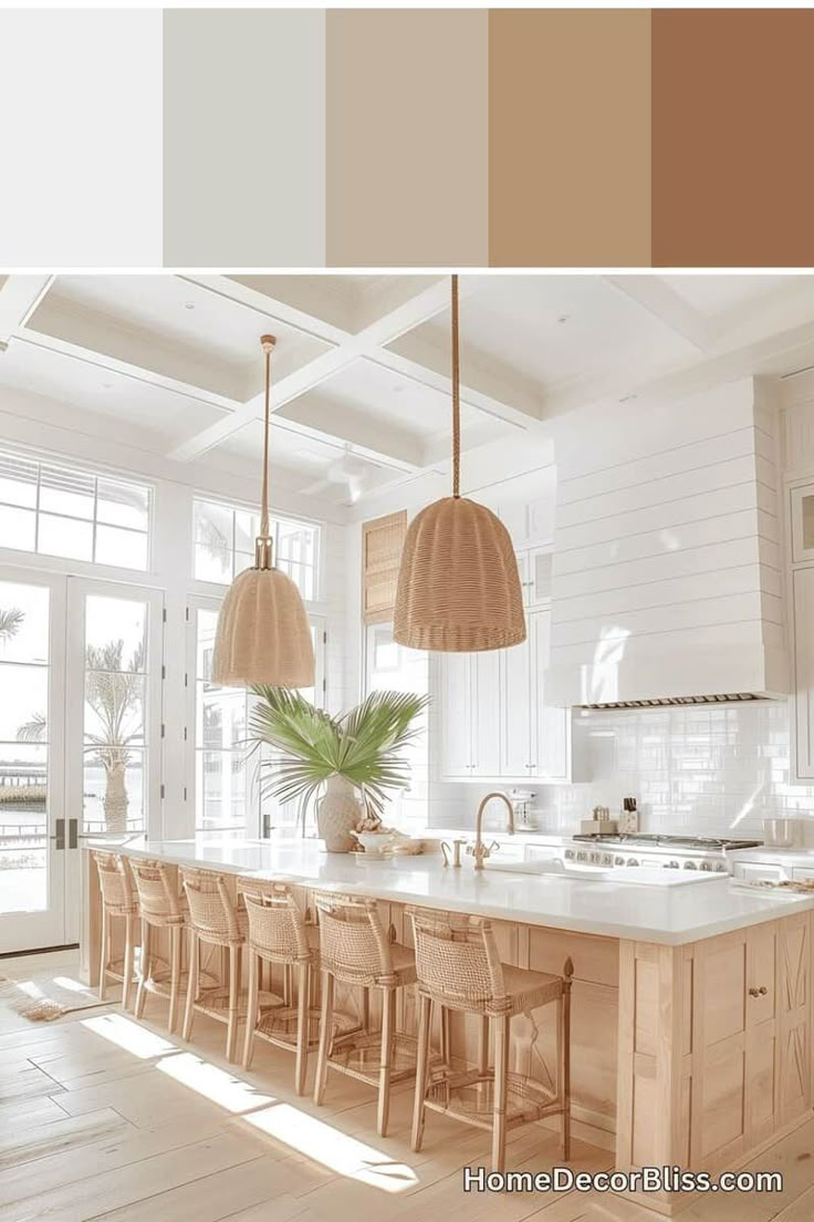 an image of a kitchen setting with white cabinets and wood accents in shades of beige