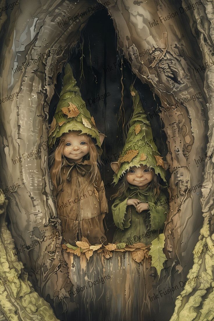 two little gnomes are sitting in a tree