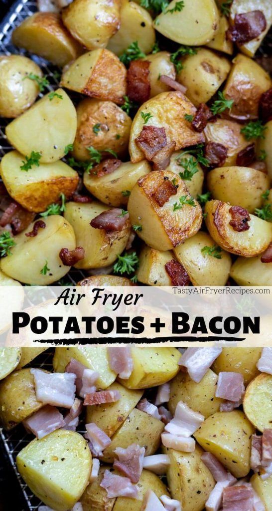 air fryer potatoes and bacon on a baking sheet