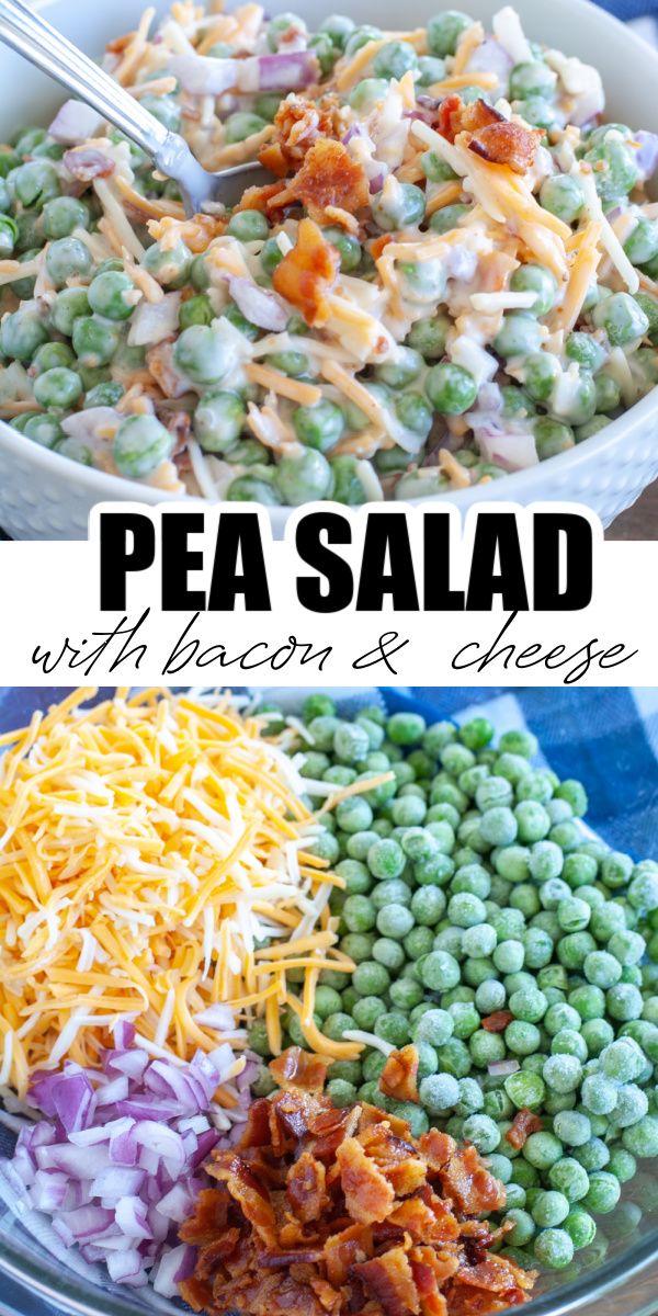 Bowl of peas, cheese, bacon and onion. Pea Onion Bacon Salad, Bacon Pea Salad 12 Tomatoes, Easy Side Salads Simple, Green Pea Salad With Bacon And Cheese, Creamy Peas Side Dishes, Bacon And Pea Salad, The Best Pea Salad, Loaded Pea Salad, Sweet Pea Side Dishes