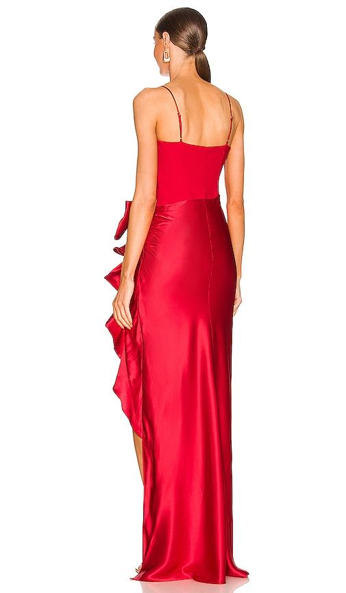 Find CINQ À SEPT Drina Gown In Red on Editorialist. Cinq a Sept Drina Gown in Red. - size 10 (also in 2, 6) Cinq a Sept Drina Gown in Red. - size 10 (also in 2, 6) Self: 54% poly 39% viscose 7% elastane Lining: 95% poly 5% spandex. Made in China. Dry clean. Partially lined. Hidden back zipper closure. Crepe bodice with silk skirt fabric overlay. Bow accent with ruched detail at hip. CINR-WD254. ZD16911062Z. Cinq Sept is the time between late afternoon and early evening when the streets are awash Casino Gala, Silk Overlay, Beautiful Meaning, Early Evening, High Low Maxi Dress, Cinq A Sept, Skirt Fabric, Late Afternoon, Fashion 101