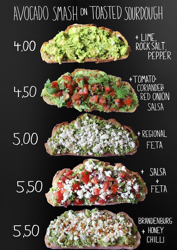 a blackboard with different types of food on it and the words avocado smash on toasted sourdough