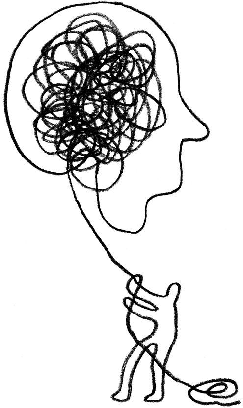 a black and white drawing of a person's head with lots of hair in it