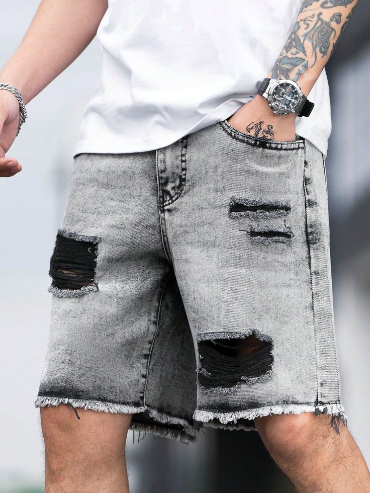 Light Grey  Collar  Denim Plain Bermuda Embellished Non-Stretch  Men Clothing Purple Candles, Guys Clothing Styles, Shorts Denim, Tomboy Fashion, Culture Kings, Short En Jean, Men Clothing, Mens Denim, Short Pants