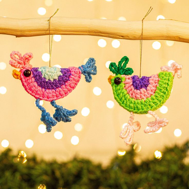 two crocheted birds hanging from a tree branch with lights in the back ground