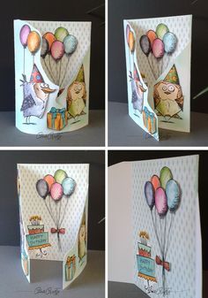 four different pictures of a birthday card with balloons and animals on it's side