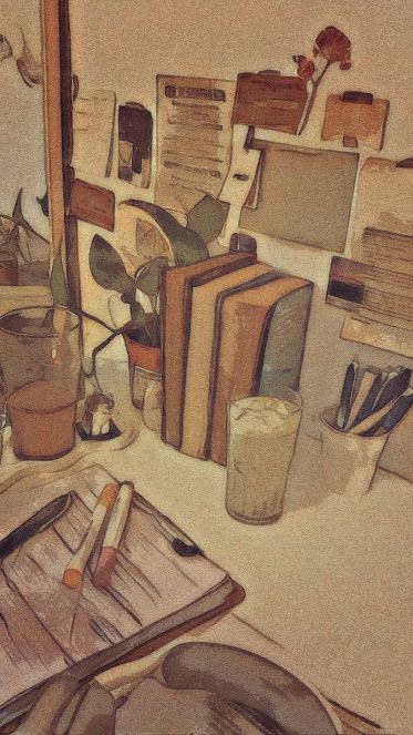 a painting of books and other items on a table with utensils in front of them