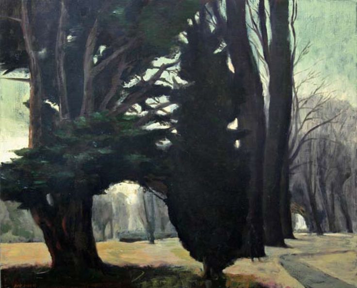 an oil painting of trees and snow in a park with no leaves on the ground