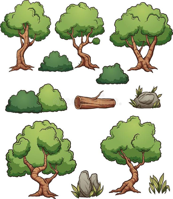 various trees and rocks on a white background