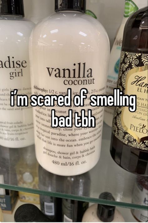 two bottles of soap sitting on top of a shelf next to each other with the words vanilla coconut i'm scared of smelling bad tbh