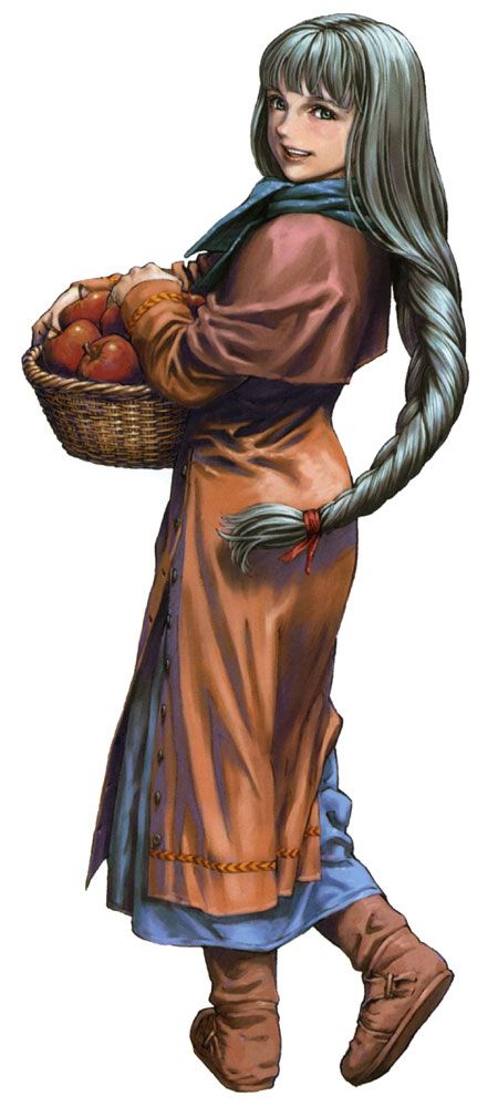 a drawing of a woman holding a basket full of apples in one hand and an apple in the other