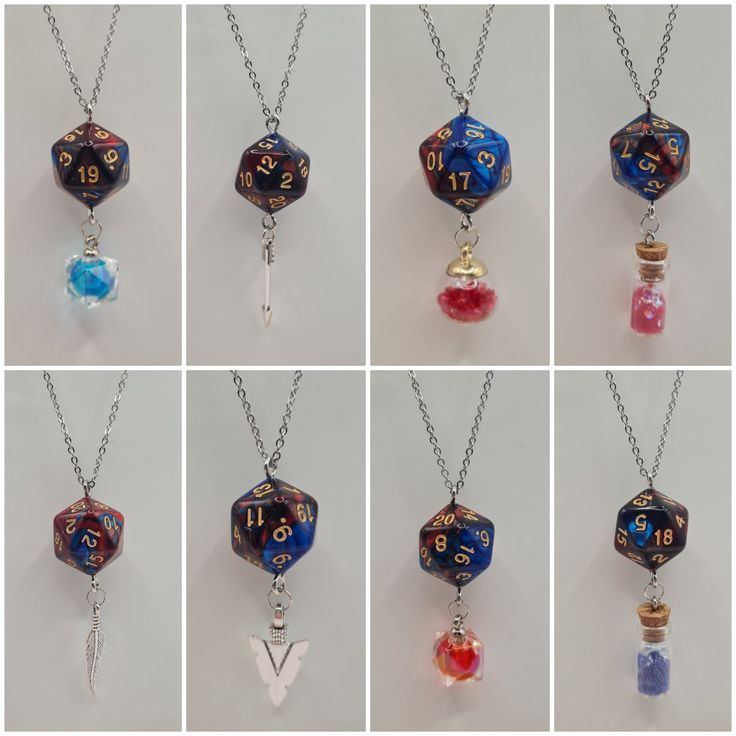 D20 necklaces with different styles on a silver stainless steel chain. Adjustable Blue Necklaces With Charms, Red Charms Round Pendant Necklace, Red Charms Necklace With Round Pendant, Red Necklace With Charms And Round Pendant, Red Necklace With Round Pendant And Charms, Adjustable Silver Chain Charm Necklaces, Unique Silver Chain Necklace For Gift, Blue Metal Charm Necklace With Round Pendant, Silver Chain Metal Charm Necklace As Gift