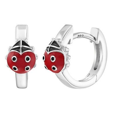 These hoop huggie earrings for girls are simply adorable! Each earring features a sweet little ladybug crafted of red and black enamel and 925 sterling silver which is ideal for sensitive ears. Certain cultures believe that the stronger the color red is on the ladybug, the better your luck will be. Your little girl will rejoice at the sight of these ladybug hoop earrings. The red accents are finished in enamel, a wonderful jewelry kids gift year-round, packaged neatly in a gift box. Cute Sterling Silver Hoop Earrings, Enamel Huggie Earrings Perfect For Gifts, Red Huggie Earrings Gift, Red Huggie Earrings For Gift, Playful Small Hoop Jewelry For Gifts, Playful Small Hoop Jewelry Gift, Playful Red Nickel-free Jewelry, Playful Red Hypoallergenic Jewelry, Ladybug Crafts