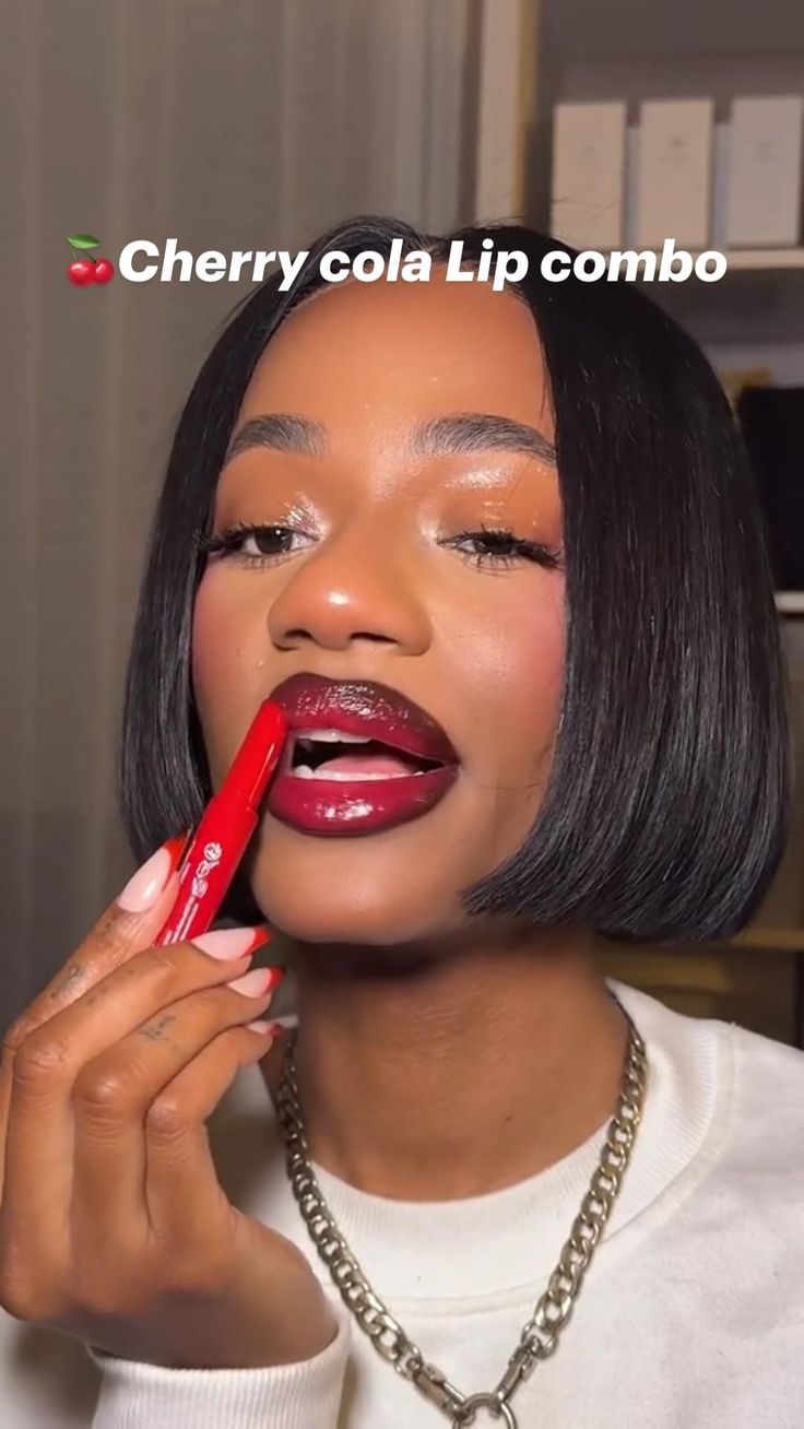 Cherry Cola Lip Combo: A delicious and refreshing lip color that will make you feel like you're sipping on a cherry Red Lipstick Makeup Looks, Makeup Tips For Brown Eyes, Glossy Lips Makeup, Fat Oil, Face Beat Makeup, Makeup For Black Skin, Lip Makeup Tutorial, Brown Skin Makeup, Lip Combo