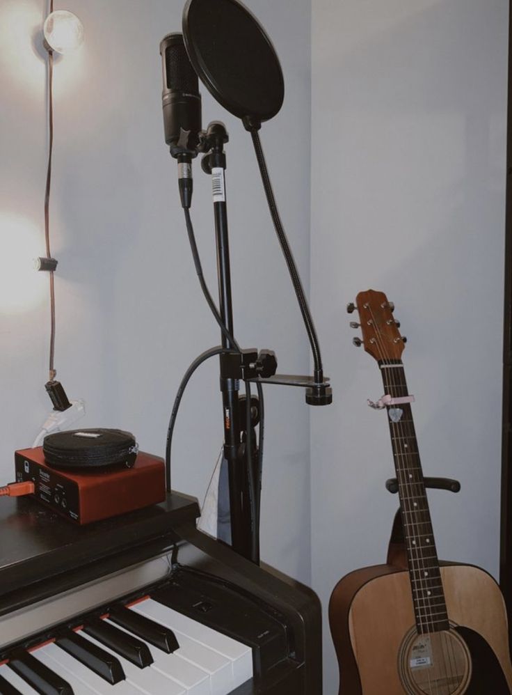 a musical instrument is sitting in front of a microphone and keyboard, next to a light