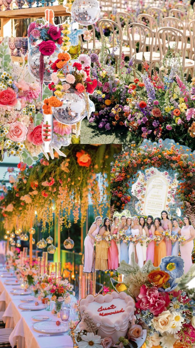 a long table covered in lots of flowers