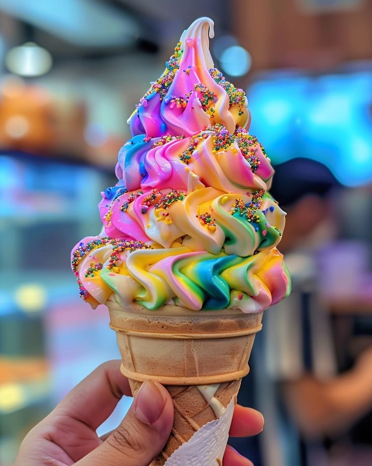 a hand holding an ice cream cone with rainbow swirls