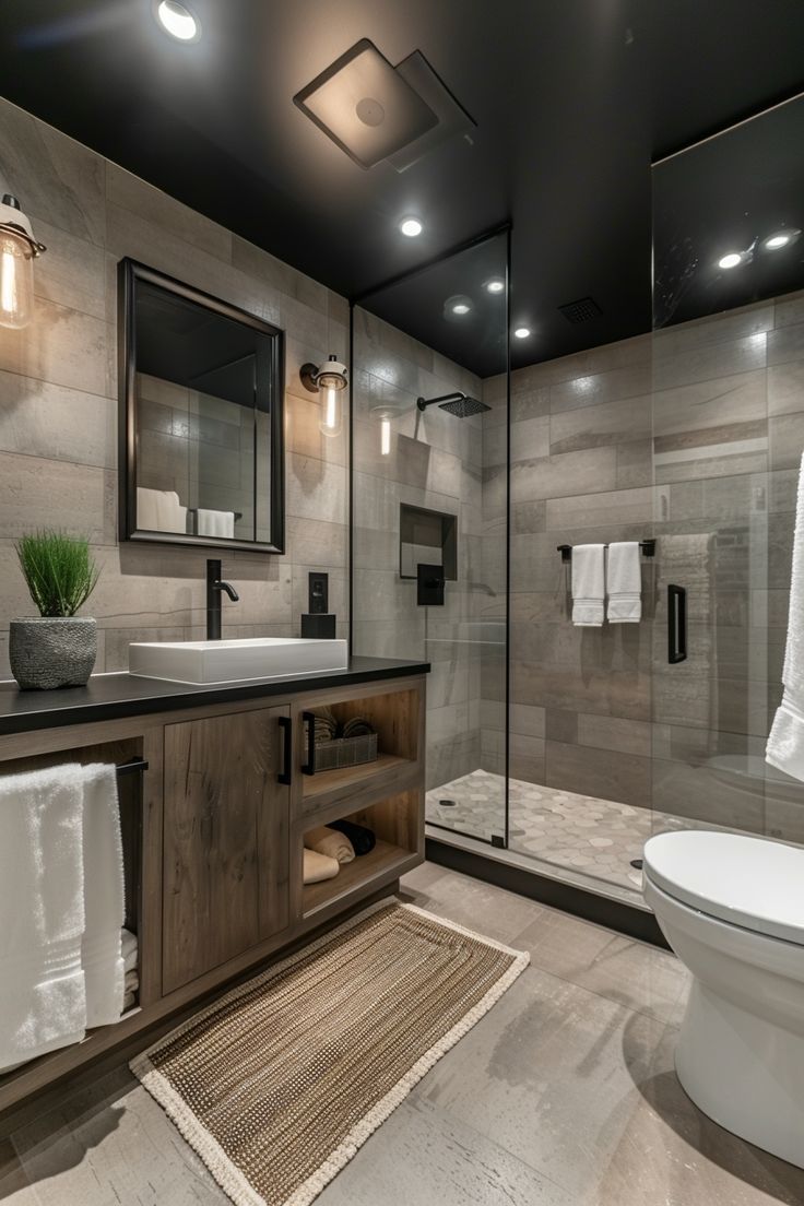 a bathroom with a white toilet sitting next to a walk in shower and a sink