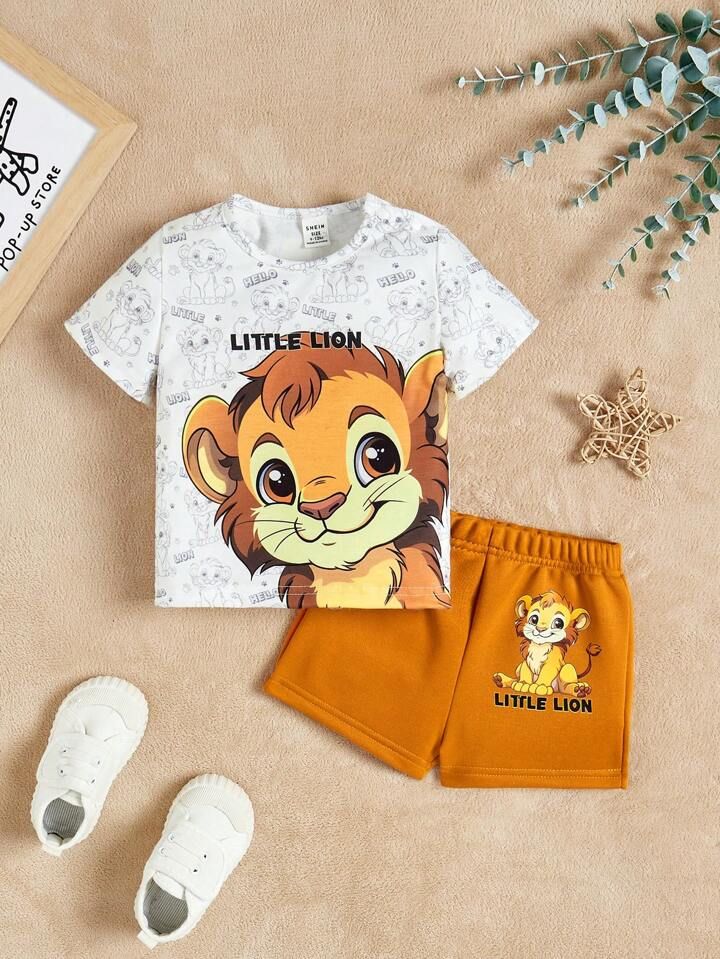 Kids Tshirt Designs, Lion Pattern, Shirt Painting, Streetwear Spring, T Shirt Painting, Cartoon Letters, Boys Set, Boys Casual, Summer Baby