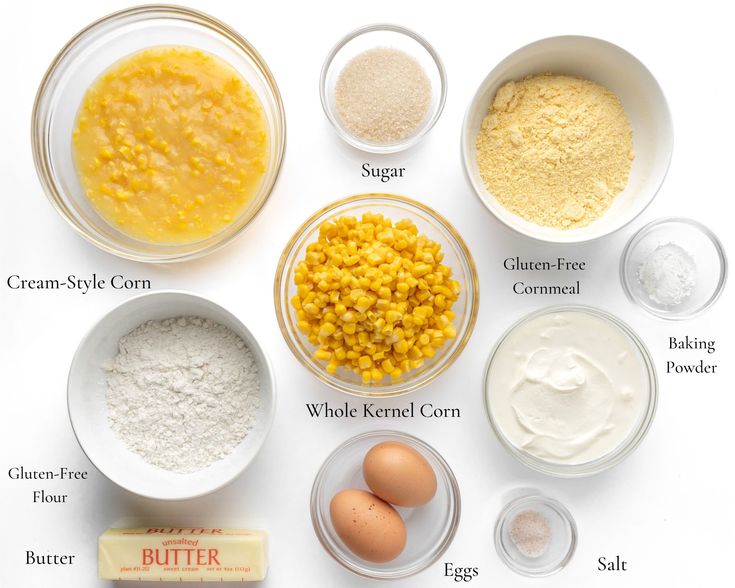 ingredients to make corn casserole laid out on a white surface with text below