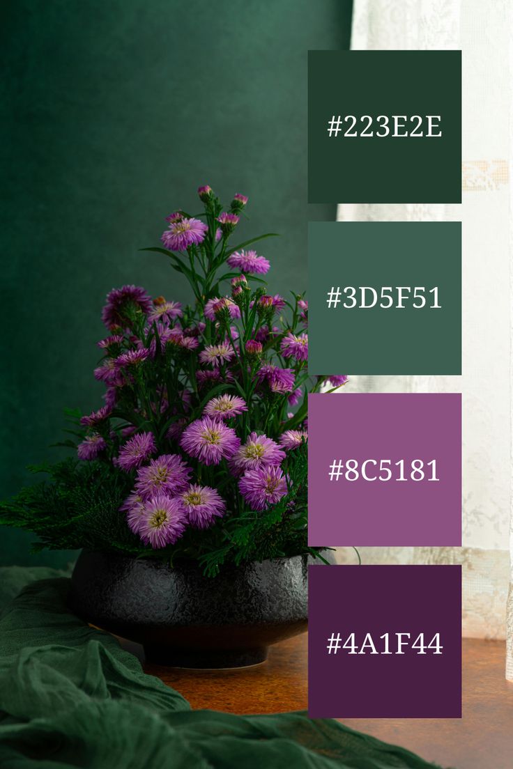 purple flowers in a black pot with green and white wall behind it, text reads 22ee2e 3dsfs1 8c13