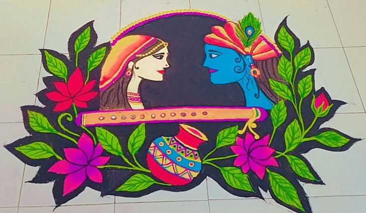 an artistic painting on the floor with flowers and leaves around it, depicting two women facing each other