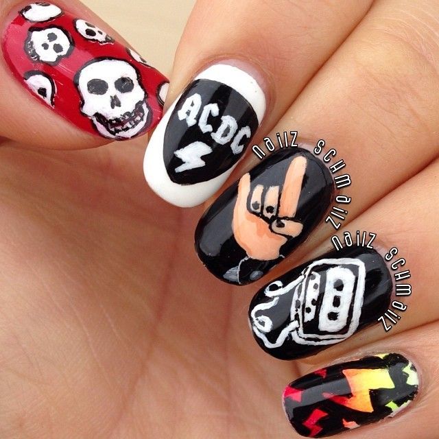 Ac Dc Nails, Music Themed Nails, Rock And Roll Nails Design, Acdc Nails, Vaycay Nails, Nail Men, Rock Nail Art, Music Nail Art, 1975 Art