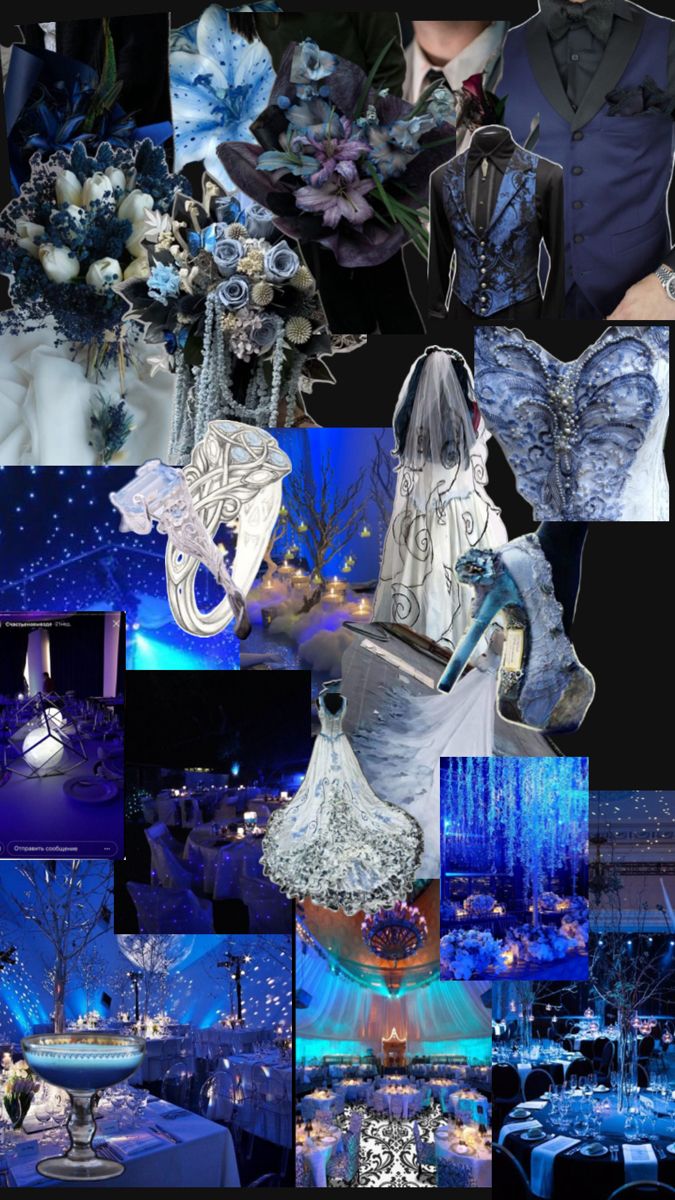 a collage of images with blue and white decorations on them, including an elaborate table cloth